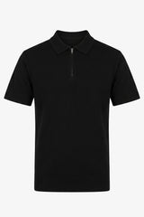 Sort herre strikket poloshirt med lynlåsudskæring og korte ærmer i blød blanding
