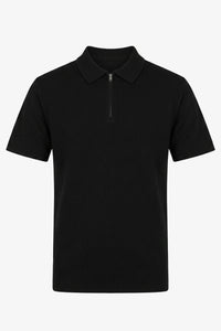 Sort herre strikket poloshirt med lynlåsudskæring og korte ærmer i blød blanding