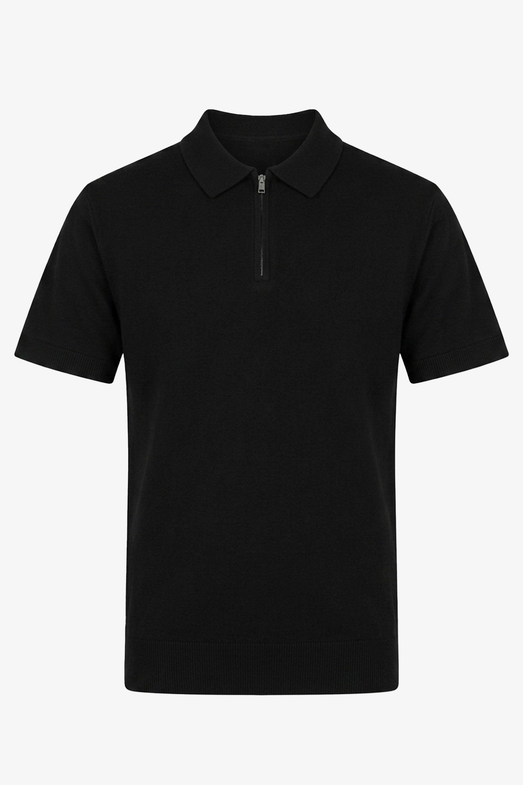 Sort herre strikket poloshirt med lynlåsudskæring og korte ærmer i blød blanding