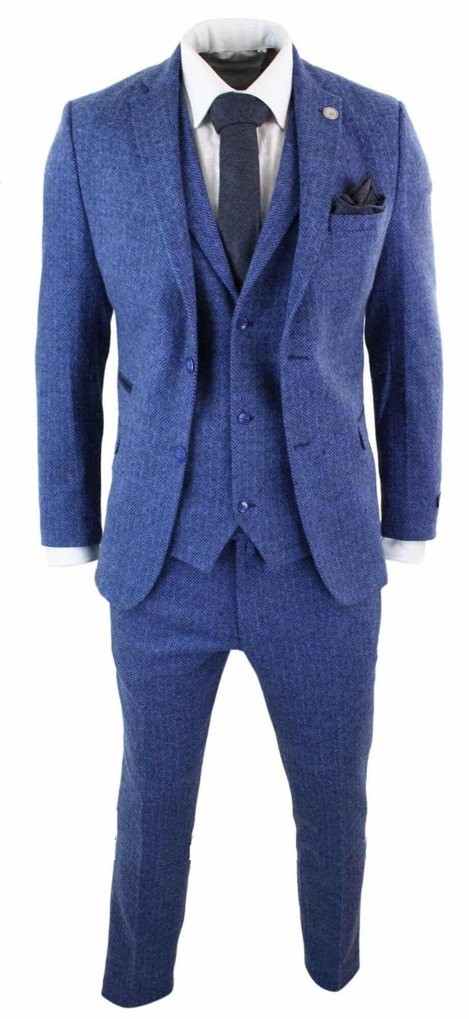 Men's Blue Herringbone 3 Piece Tweeed Suit - STZ11