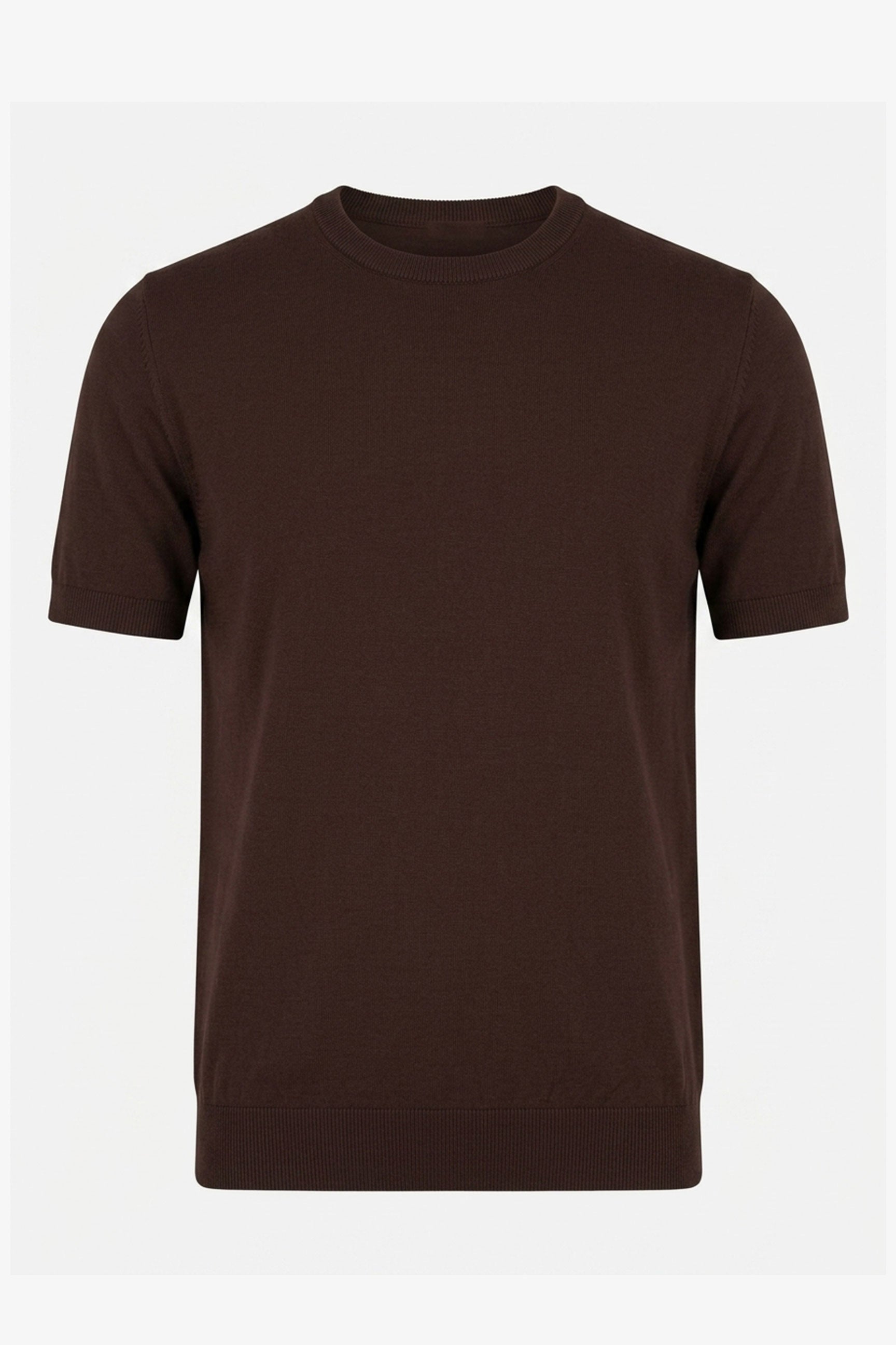 Herre brun strikket T-shirt med normal pasform og rund hals, korte ærmer