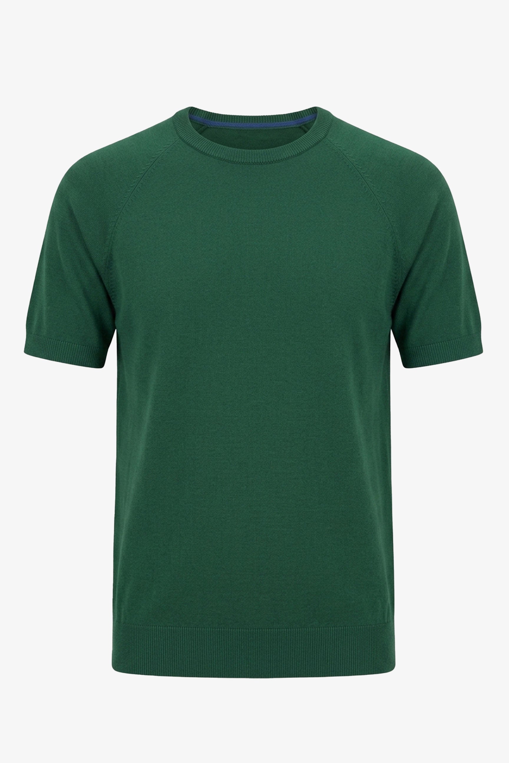 Herregrøn klassisk strikket T-shirt med korte ærmer og rund hals