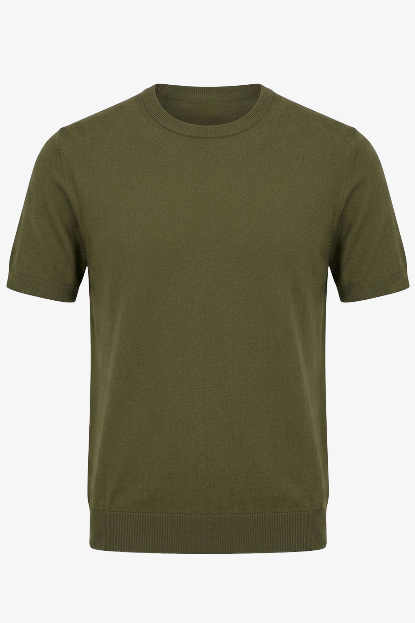 Herre Olivengrøn Strikket T-shirt Normal Pasform Rund Hals Kortærmet Top