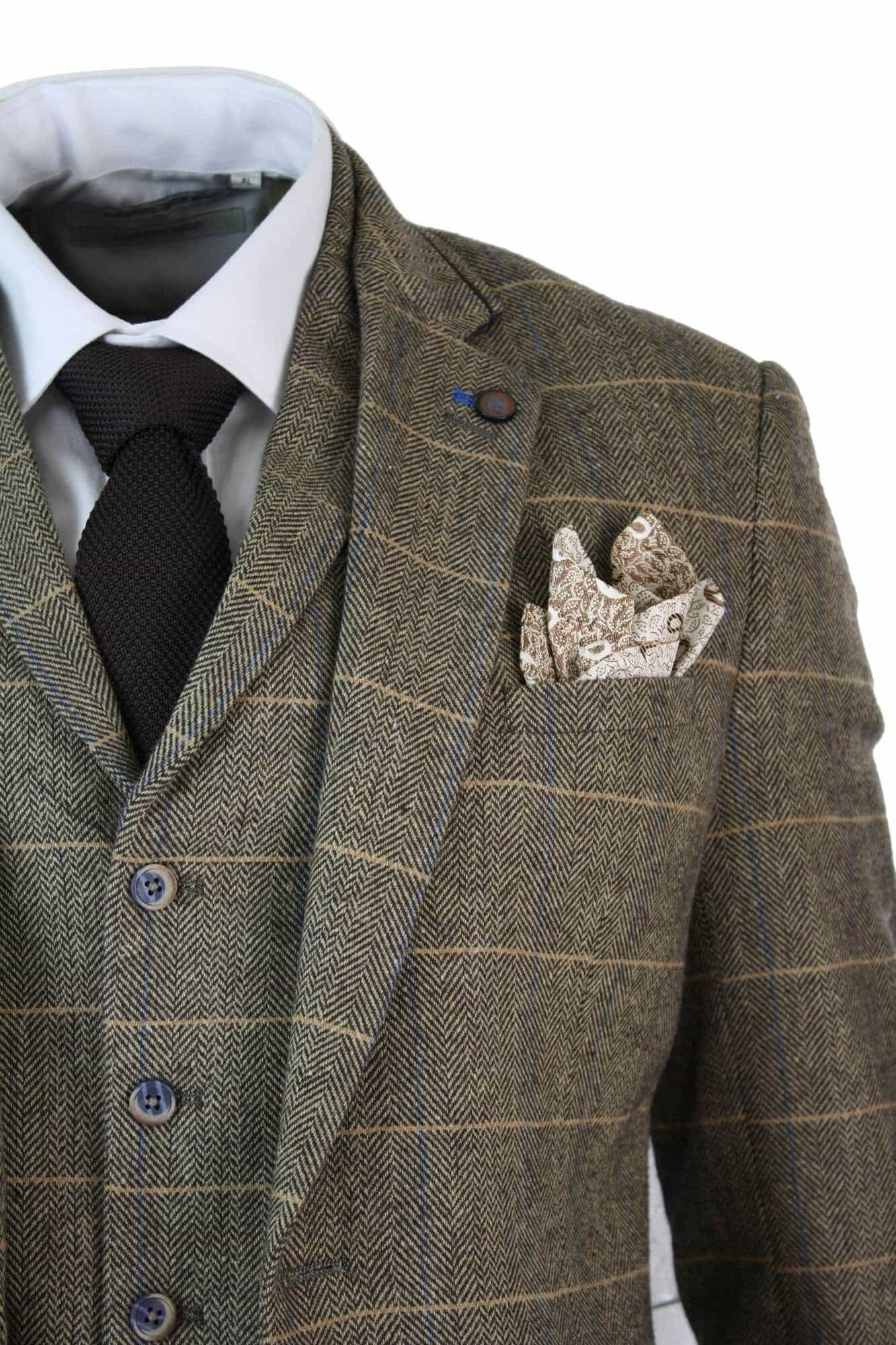 Cavani Albert - Men's Herringbone Tweed Check 3 Piece Suit - Tan Brown