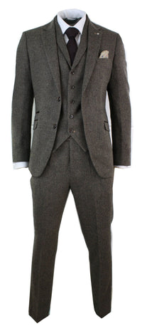 Mens 3 Piece Wool Blend Herringbone Tweed Suit Brown Vintage Tailored Fit Tan