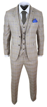 Mens Beige 3 Piece Tweed Check Suit