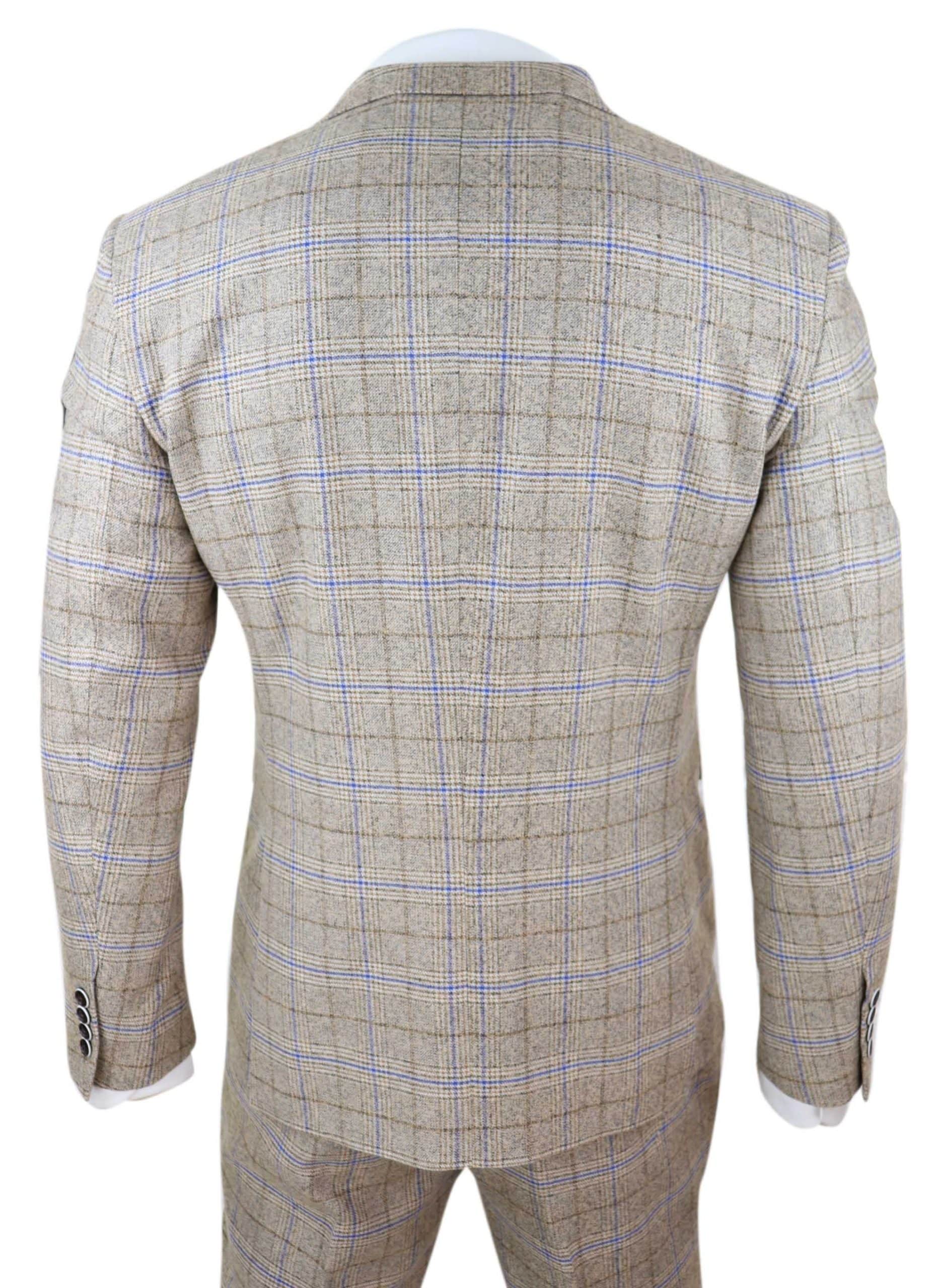 Mens Beige 3 Piece Tweed Check Suit