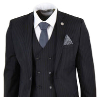 Mens  Black 3 Piece Pinstripe Suit