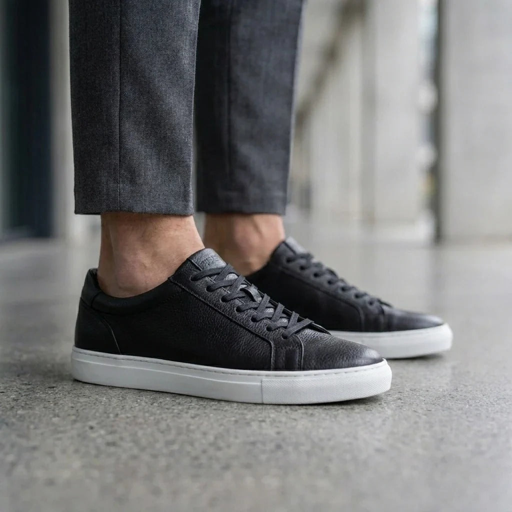 Herre sorte lædersneakers med snørebånd
