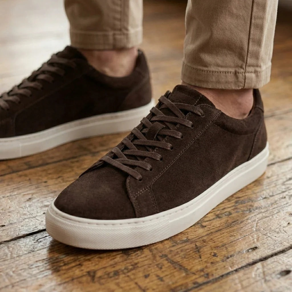 Herresneakers i brunt ruskind med snørebånd og casual look