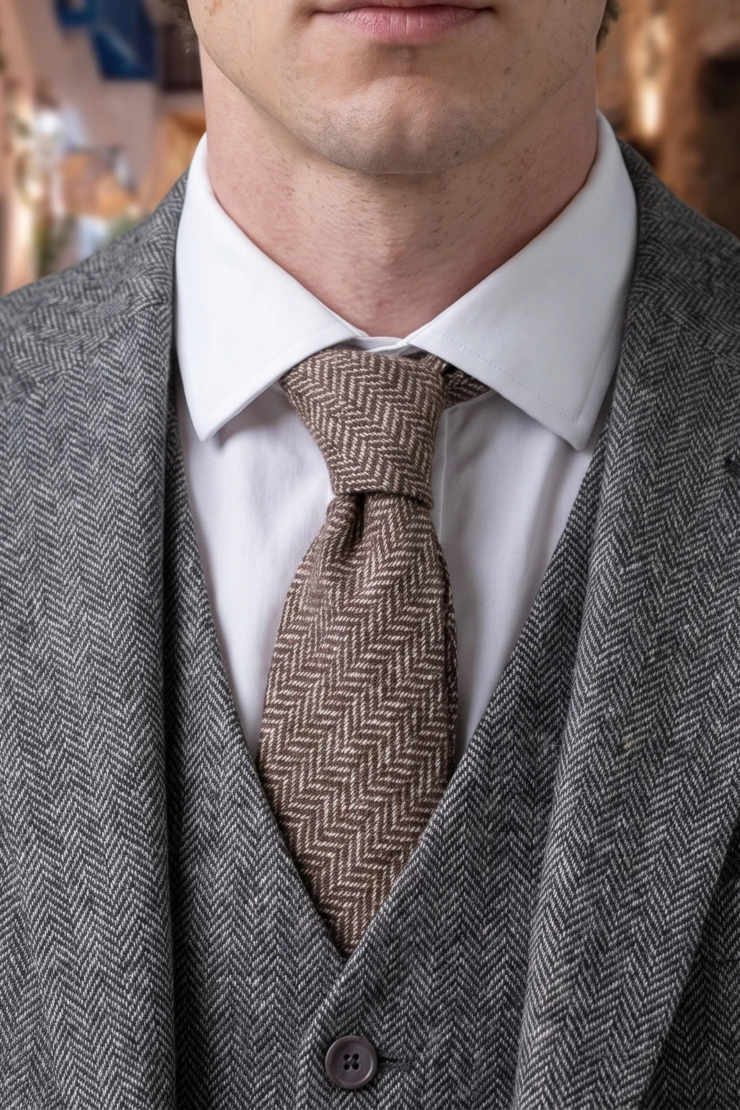 Herreslips i brunt tweed med sildebensmønster