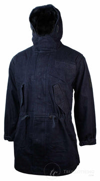 Mens Denim Overcoat Hooded Jeans Jacket Fleece Lined 3/4 Trench Duffle