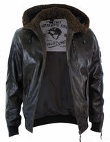 Mens Real Leather Hood Fur Jacket Bomber Aviator Vintage Brown Retro-Brown