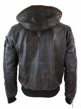 Mens Real Leather Hood Fur Jacket Bomber Aviator Vintage Brown Retro-Brown