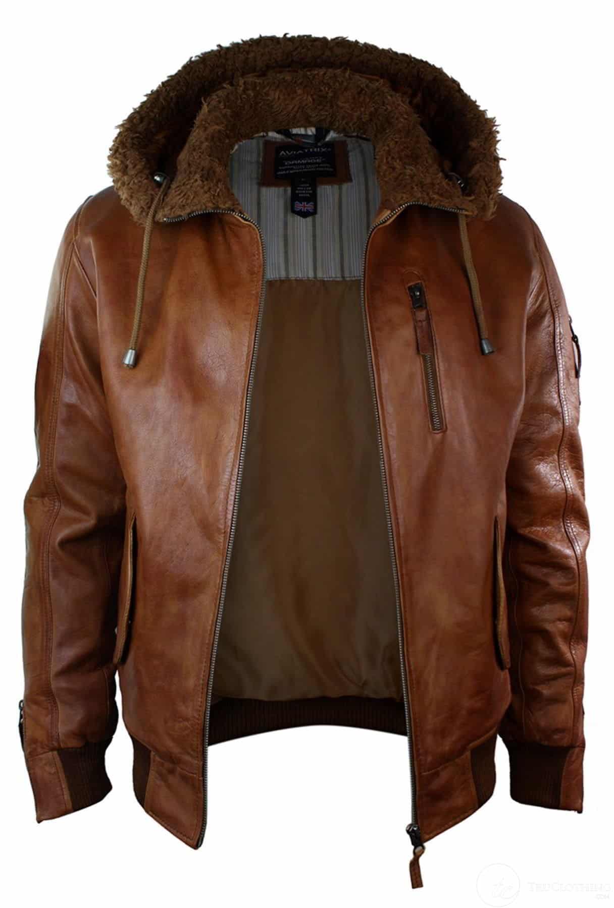 Mens Real Leather Hood Fur Jacket Bomber Aviator Vintage Brown Retro-Tan