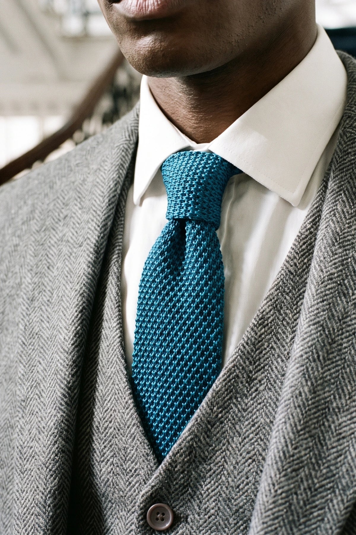 Marineblåt strikket slips til mænd med flad, firkantet ende