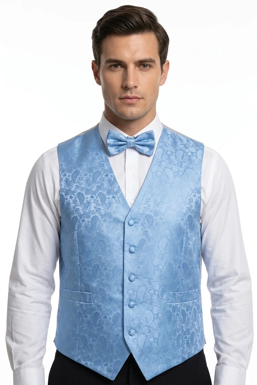 Herre 3-delt lommetørklædevest med paisley-motiv og blomsterprint - Sky