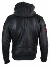 Mens Black Hood Real Leather Bomber Jacket Red Stripes Quilted Slim Fit Casual