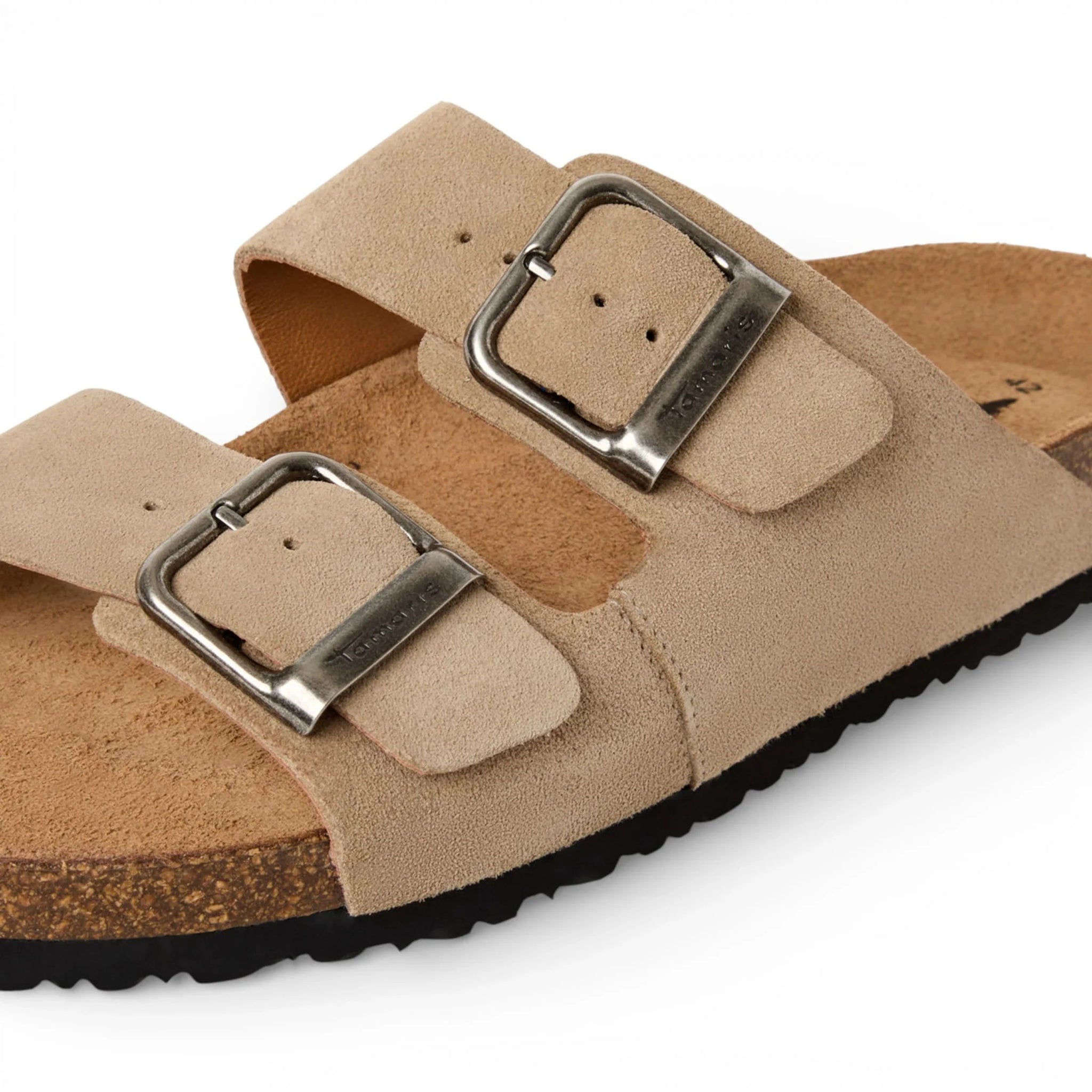 Herre sandbeige slip-on lædersandaler med fodseng