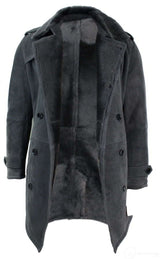 Mens Sherling Sheepskin Black Grey Double Breasted Belted 3/4 Overcoat