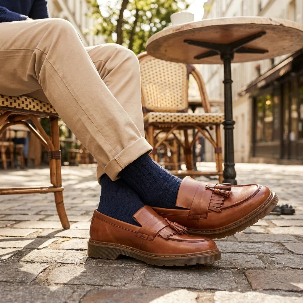 Herrebrune læderloafers med chunky sål og kvaster