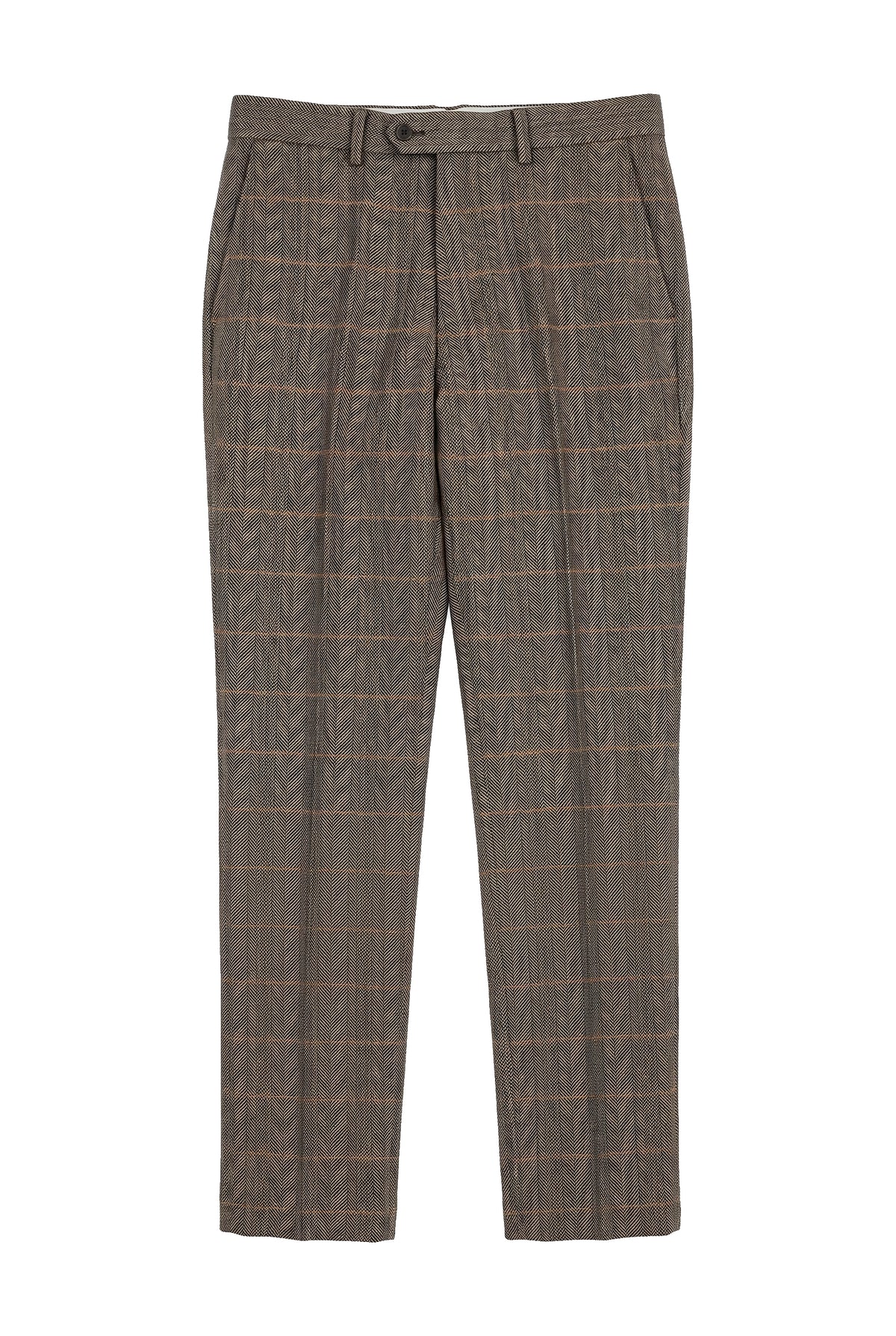 Dx-7 - Herre Tweed Ternet Bukser Sildebensmønster Tan Brun Regular