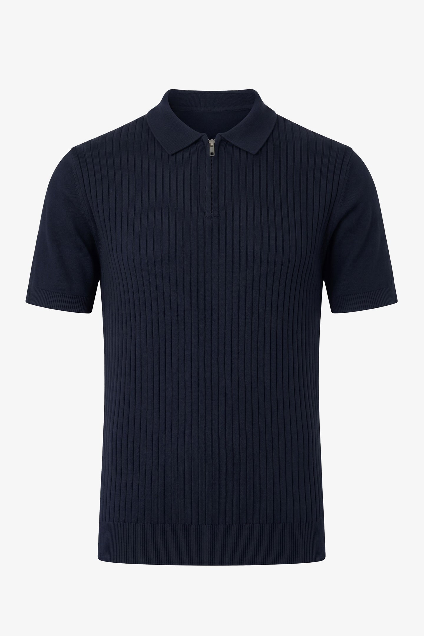 Marineblå strikket poloshirt med lynlås til mænd