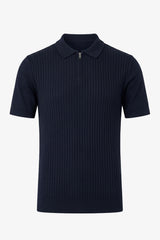 Marineblå strikket poloshirt med lynlås til mænd