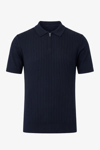 Marineblå strikket poloshirt med lynlås til mænd