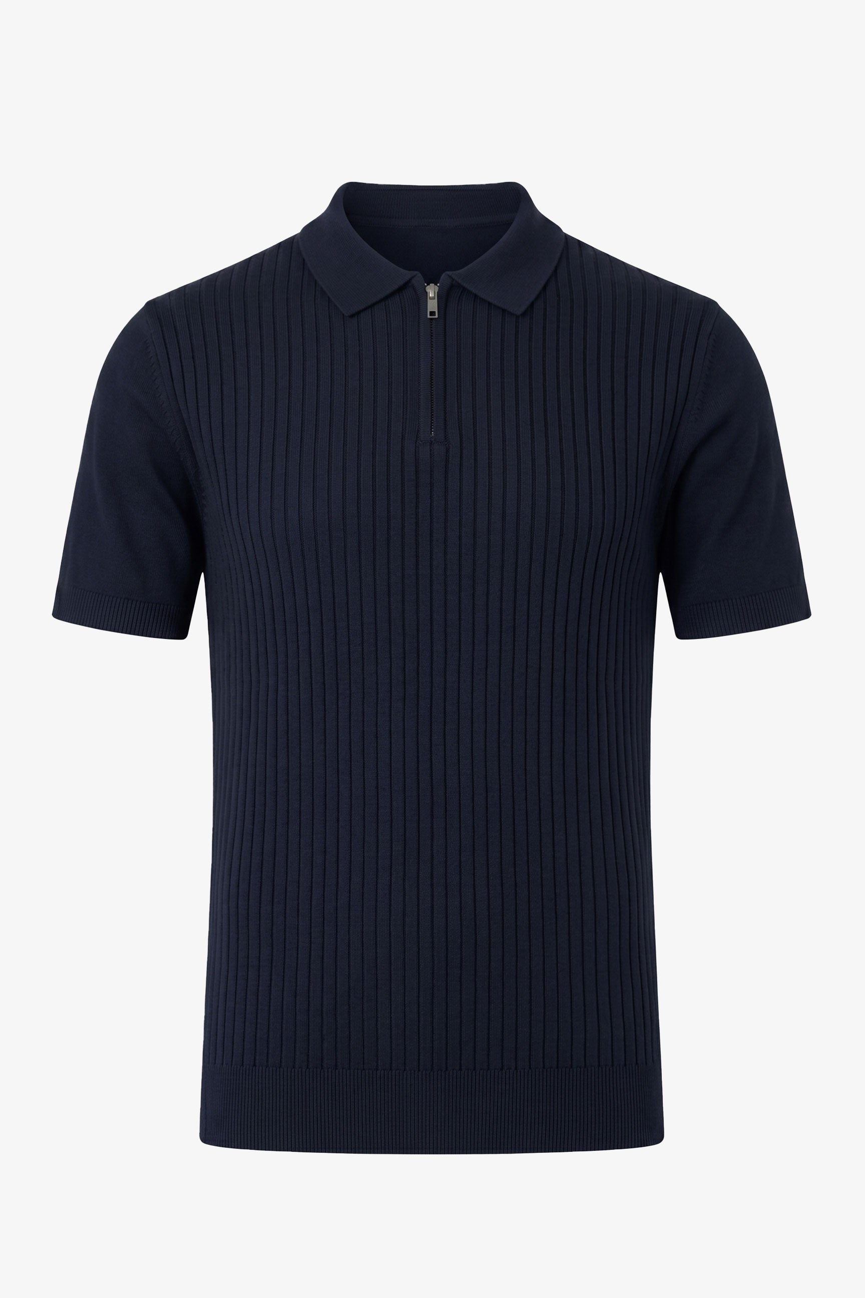 Marineblå strikket poloshirt med lynlås til mænd