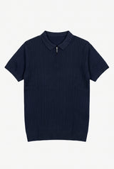 Marineblå strikket poloshirt med lynlås til mænd