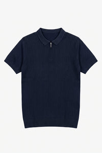 Marineblå strikket poloshirt med lynlås til mænd