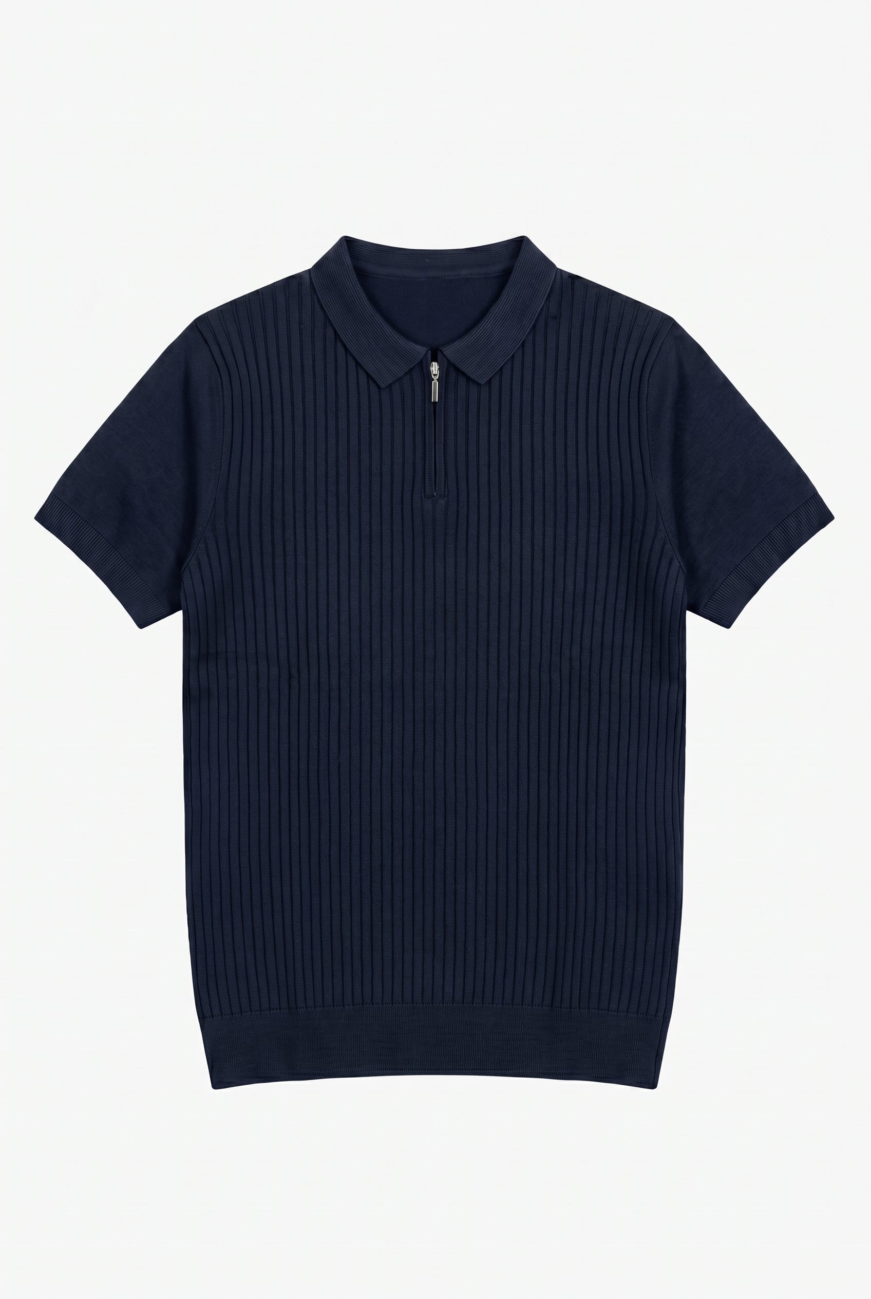 Marineblå strikket poloshirt med lynlås til mænd