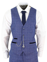 Mens Tweed Blue 3 Piece Check Suit Pocket Watch Tailored Fit Peaky Blinders