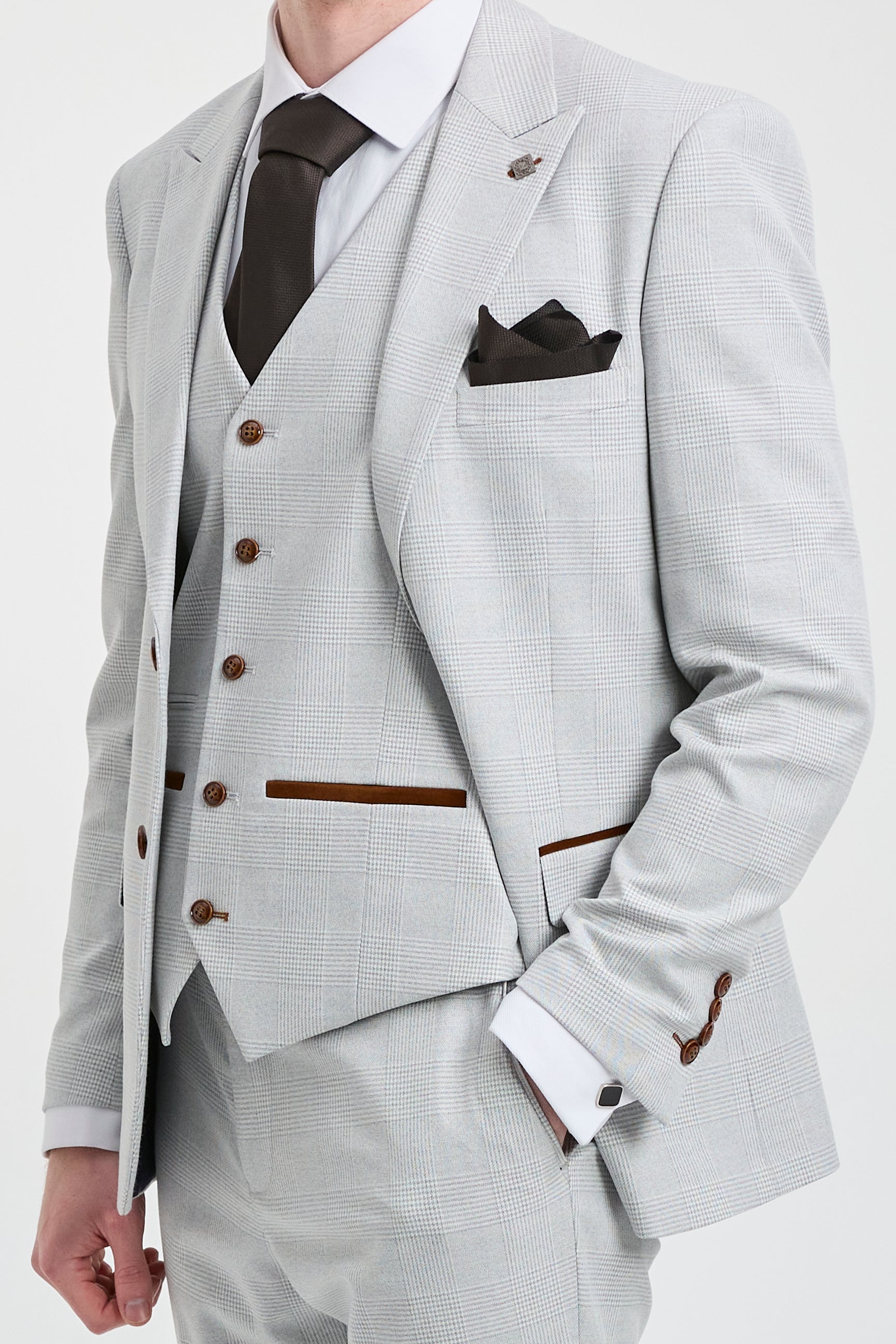 Mark herre gråsten 3-delt tweed ternet jakkesæt med brune kanter til bryllupper og gallafester