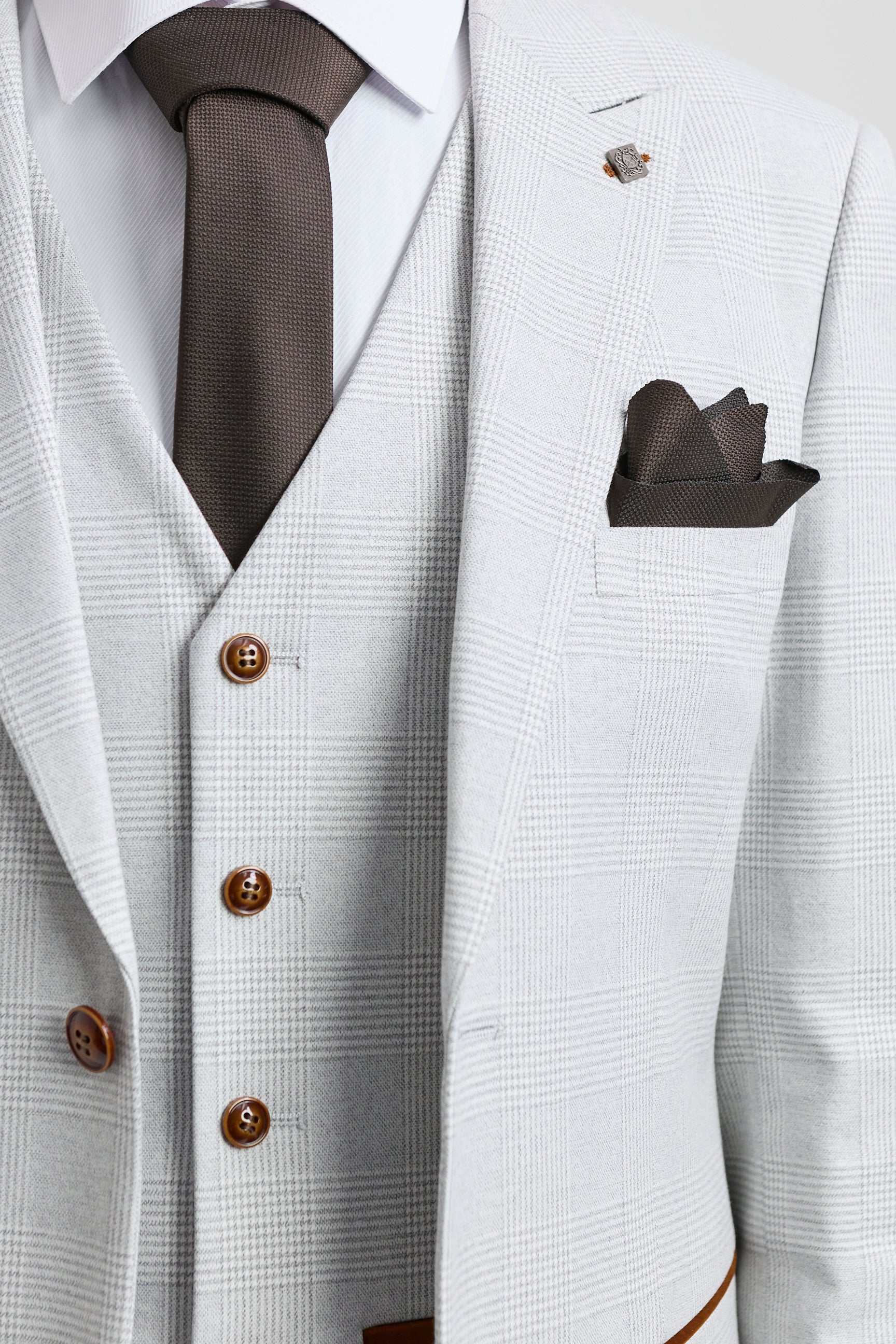 Mark herre gråsten 3-delt tweed ternet jakkesæt med brune kanter til bryllupper og gallafester