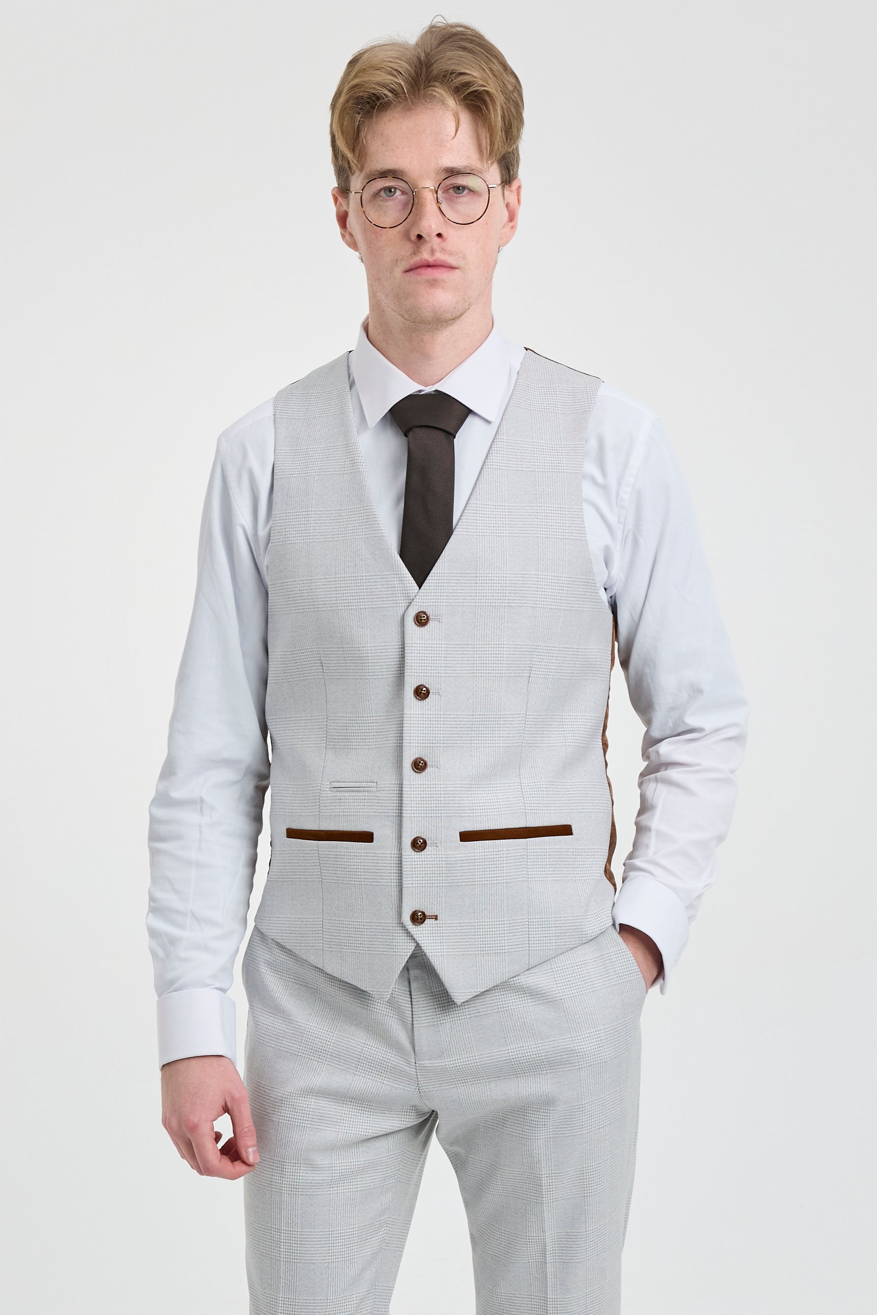 Mark herre gråsten 3-delt tweed ternet jakkesæt med brune kanter til bryllupper og gallafester