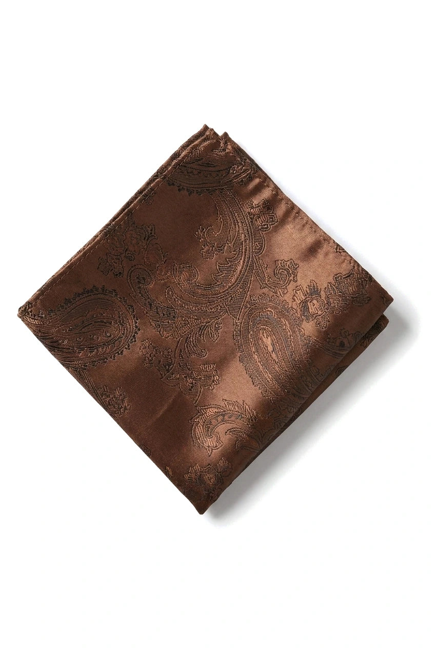 Gavesæt med brunt slips og paisleyhals, lommetørklæde og manchetknapper, slips med blomsterprint i satin