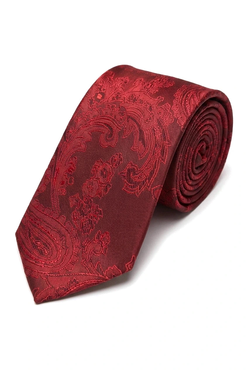 Gavesæt med rødt slips og paisleyhals, lommetørklæde og manchetknapper, slips med blomsterprint i satin