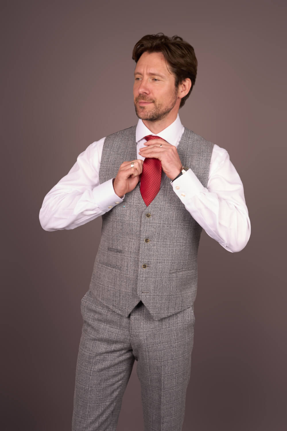 Grå klassisk ternet slim fit 3-delt herrejakkesæt