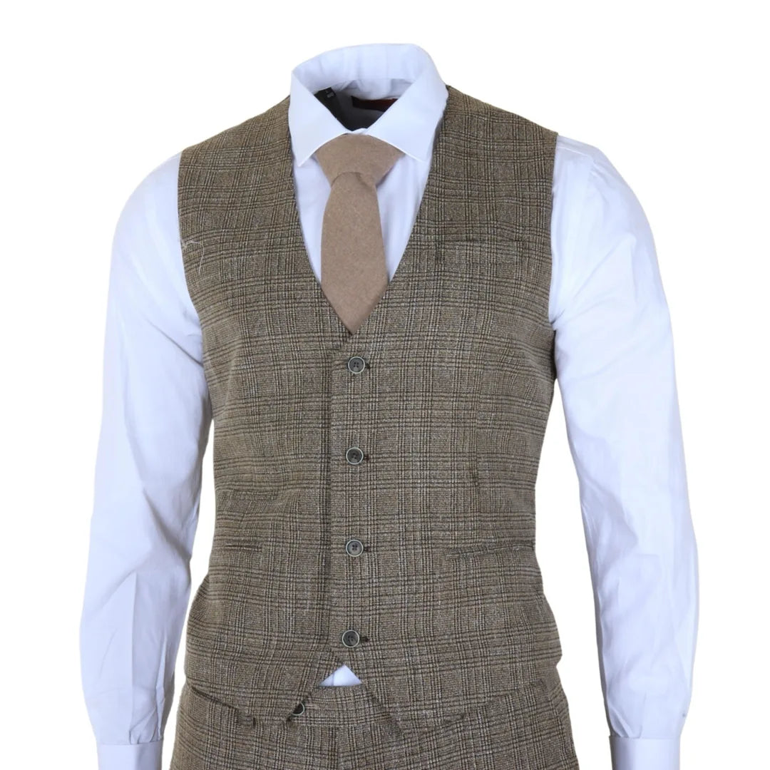 Herrejakkesæt med slim fit og klassisk ternet 3-delt tøj i brunt