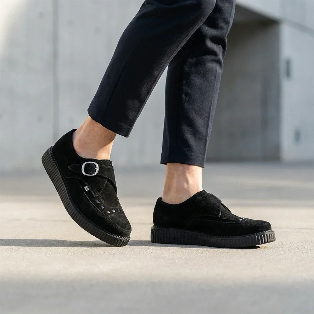 Spidse Creeper Sorte Ruskinds Plateausko med Monk Buckle