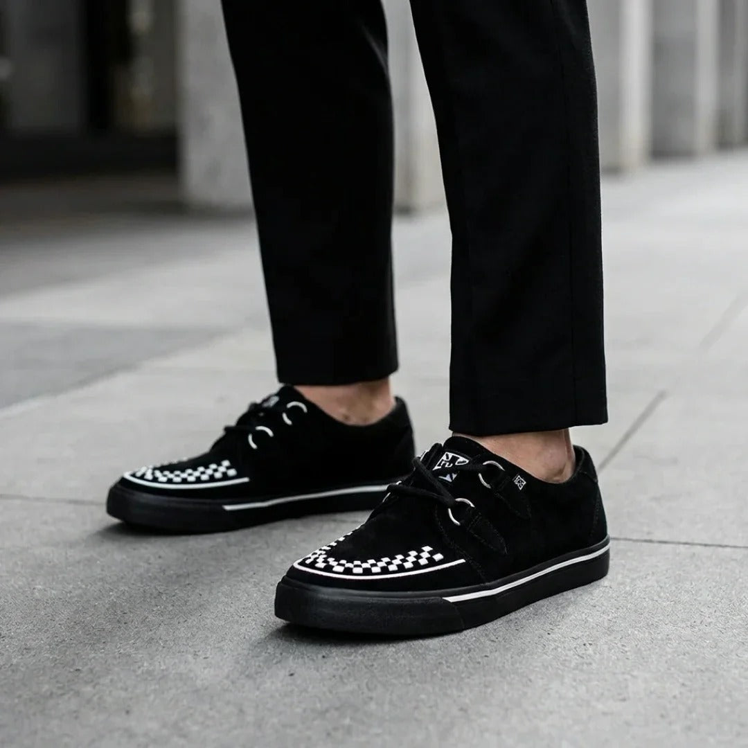 Spidse Creeper Sneaker Sorte Hvide Ruskinds Platformsko
