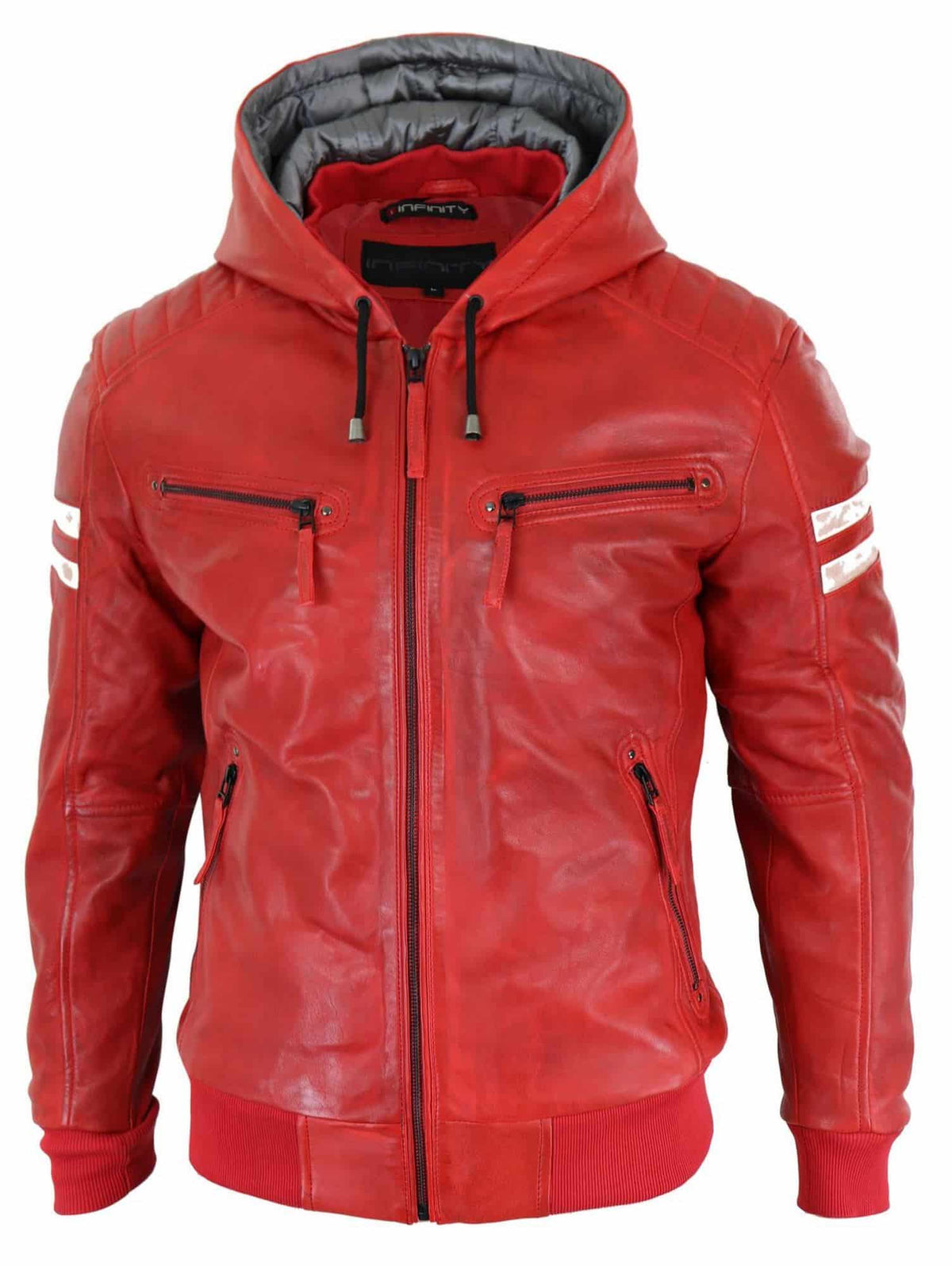 Men's Real Leather Bomber Jacket with Hood-Red