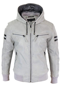 Men's Real Leather Bomber Jacket with Hood-White
