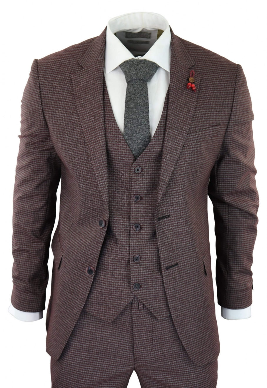 Burgundy-Grey Sheppard's Check 3 Piece Suit - RK20-10