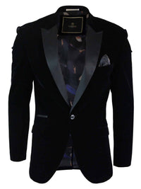 Cavani Rosa - Mens Soft Velvet Black Navy 1 Button Dinner Jacket Tuxedo Blazer Smart Casual Fit-Black
