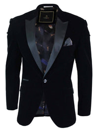 Cavani Rosa - Mens Soft Velvet Black Navy 1 Button Dinner Jacket Tuxedo Blazer Smart Casual Fit-Black