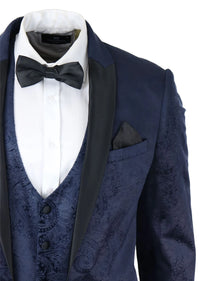 Mens Marc Darcy Velvet Paisley Blue Fit 3 Piece Suit Tuxedo Dinner Jacket Wedding