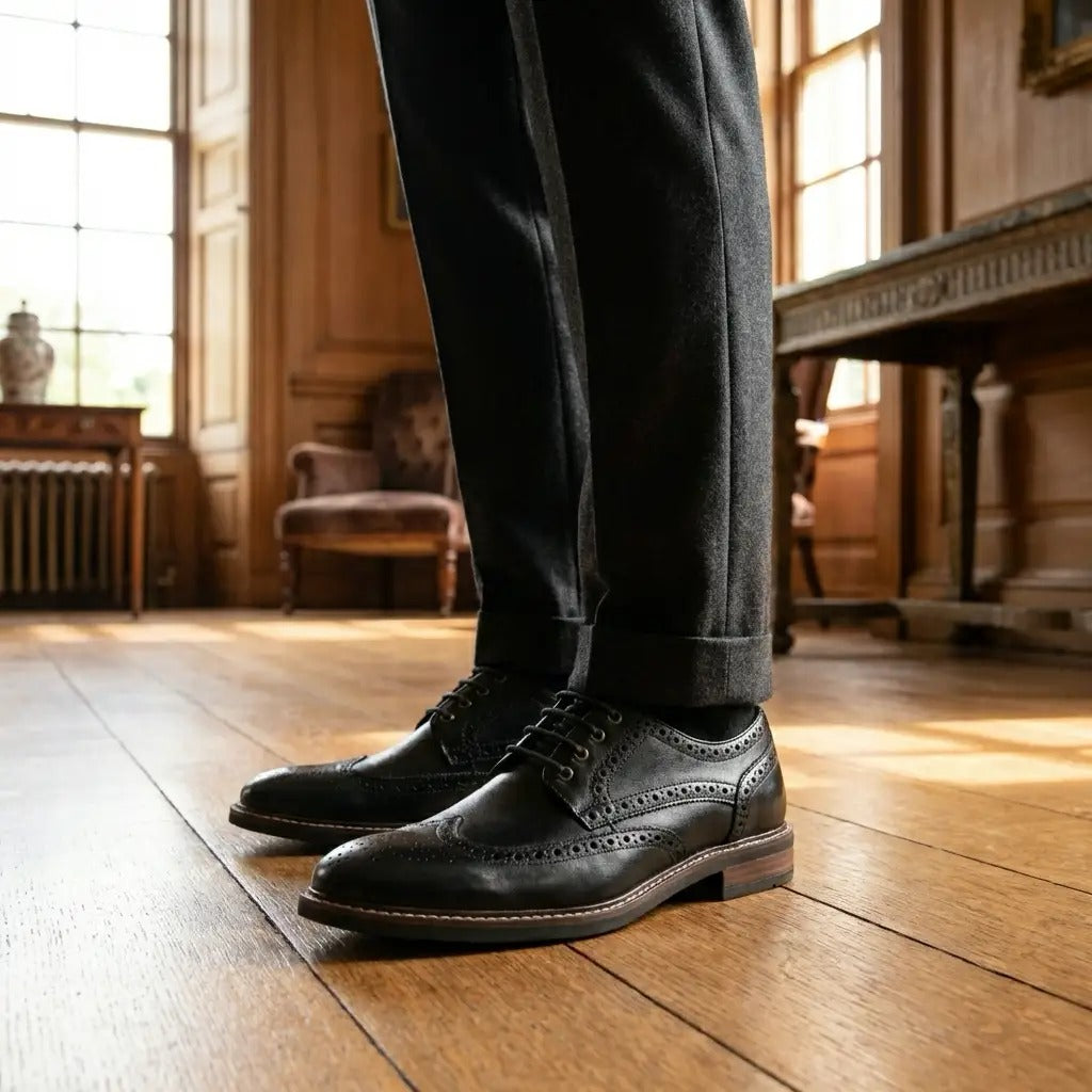 Stokes - Herre sorte læder Wingtip Brogue snøresko